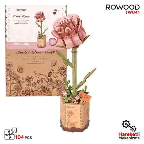 Tw041 Pembe Gül Pink Rose Diy Minyatür Maket Model Seti Ahşap 3D Wooden Puzzle 3D Model Kit Ahşap Maket Hobi Seti