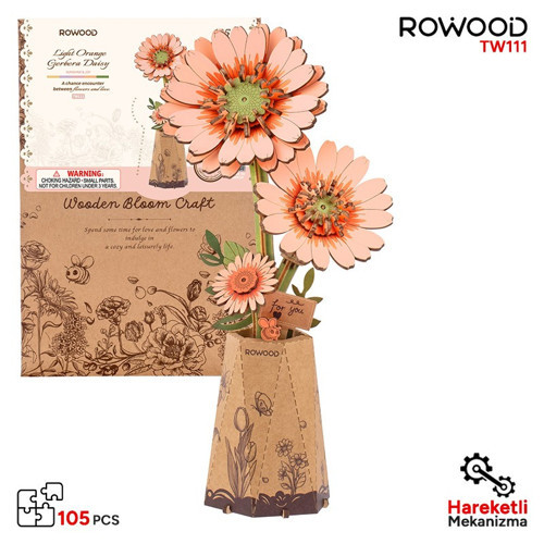 Tw111 Gerbera Çiçeği Light Orange Gerbera Diy Minyatür Maket Model Ahşap 3D Wooden Puzzle Model Kit Ahşap Maket