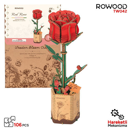 Tw042 Kırmızı Gül (Red Rose) Diy Minyatür Maket Model Ahşap 3D Wooden Puzzle 3D Model Kit Ahşap Maket Hobi Seti