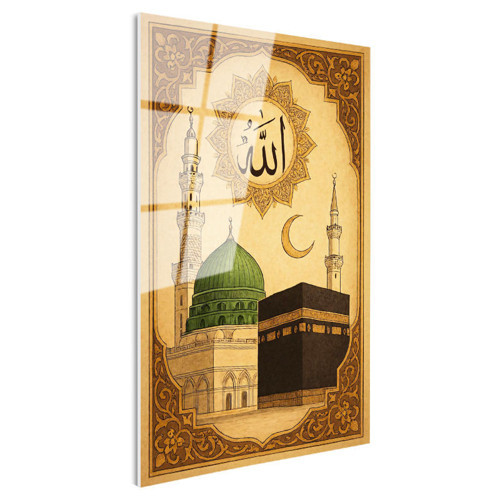 Tamperli Gerçek Cam Tablo Kabe ve Mescidi Nebevi Yeşil Kubbe Dini İslami Tablo Duvar Dekoru