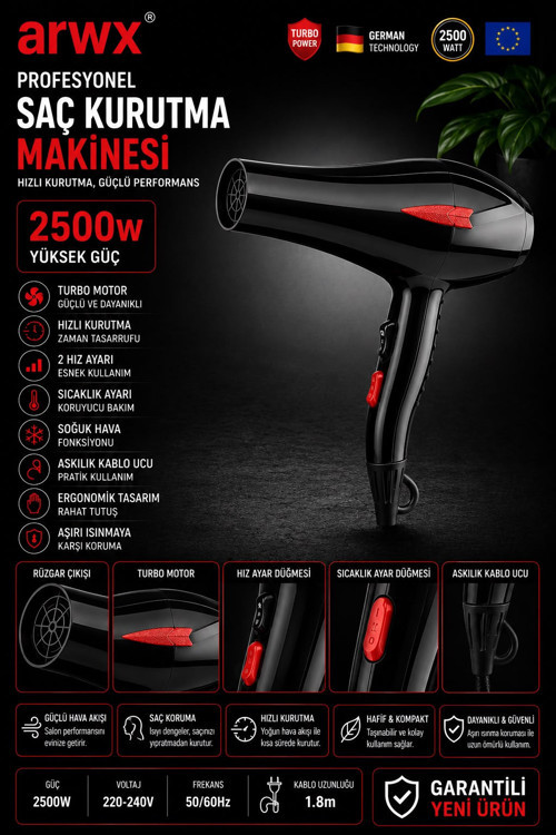 2500W Profesyonel Saç Kurutma Makinesi Turbo Motor 2 Kademeli Sıcaklık Ve Hız Ayarlı
