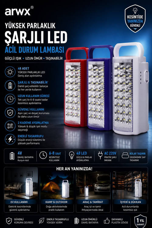 24 Büyük Ledli 80 Saat Yanan Led Işıldak Süper Güç .
