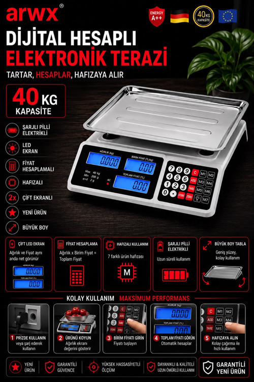 Yeni Nesil 40 Kg Elektronik Terazi 2 gram Hassasiyetli Şarjlı Terazi