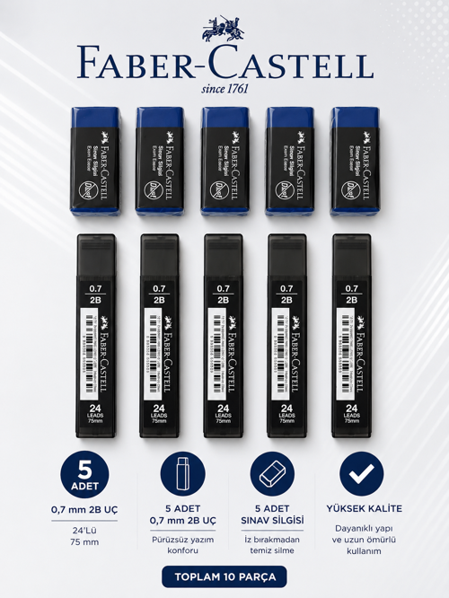 0,7 Uç 5 Adet Orta Boy Sınav Silgisi 5 Adet Faber-Castell Set