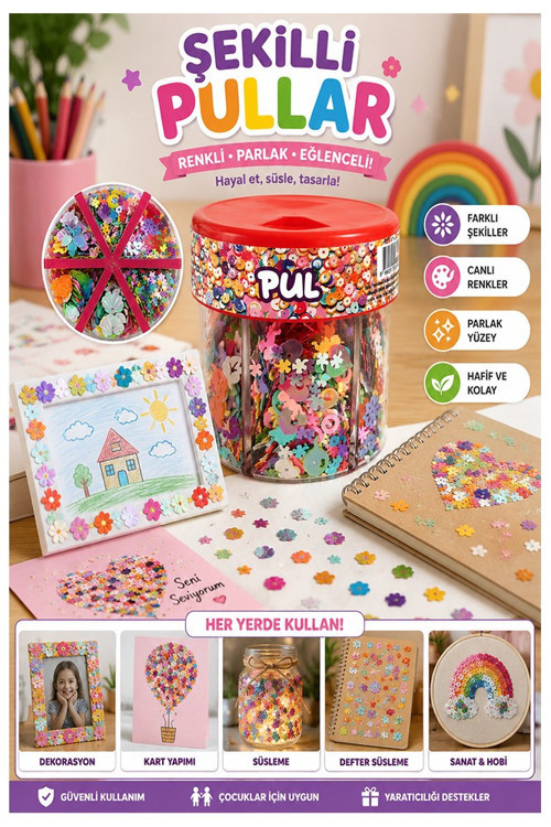 Karışık Şekilli Elişi Pulu Standlı 6 Model 90gr 1 Paket Set1 Parlak Pul Okul Sınıf Etkinlik Resim Dekarasyon Hobi