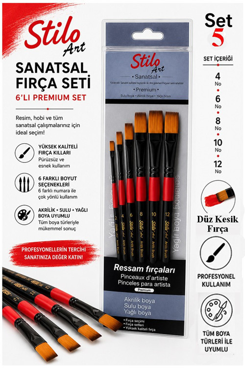 Profesyonel Resim Fırça Seti 6 lı Kesik Uçlu 1 Paket Stilo Set 5 Sentetik Kaliteli Ressam Fırça Seti Akrilik Guaj Yağlı