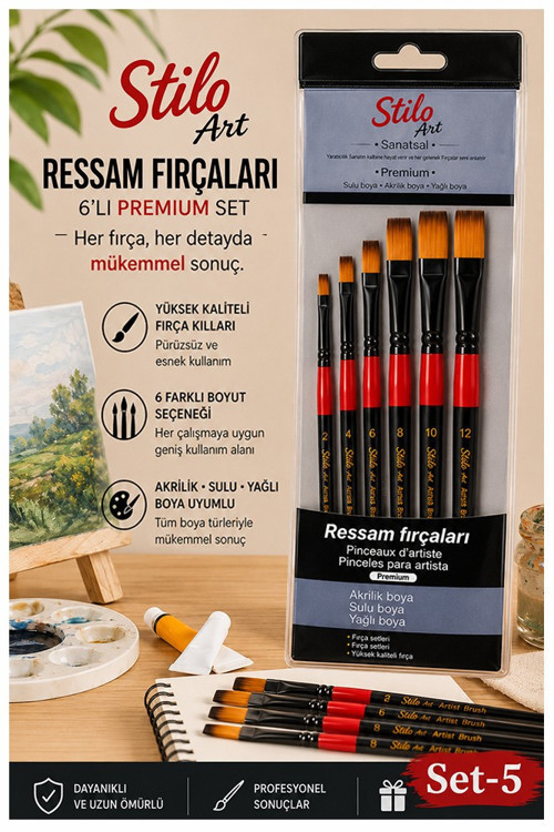 Profesyonel Resim Fırça Seti 6 lı Kesik Uçlu 1 Paket Stilo Set 5 Sentetik Kaliteli Ressam Fırça Seti Akrilik Guaj Yağlı