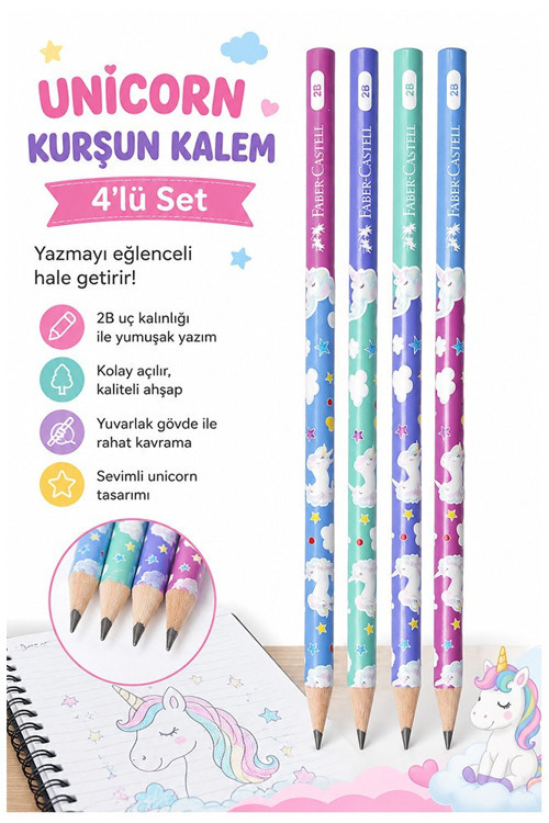 Unicorn Kurşun Kalem 4 Adet Faber Castell Yuvarlak Gövdeli Siyah Kurşun Kalem Yumuşak Yazım Kolay Tutuş Kaliteli