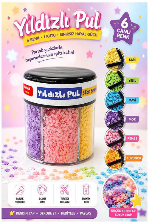 Yıldızlı Pul Standlı 6 Renk 60gr 1 Paket Bubu Parlak Pul Okul Sınıf Etkinlik Resim Dekarasyon Hobi Süsleme Sanat