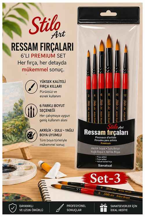 Profesyonel Resim Fırça Seti 6 lı Yuvarlak 1 Paket Stilo Set 3 Sentetik Kaliteli Ressam Fırça Seti Akrilik Guaj Yağlı
