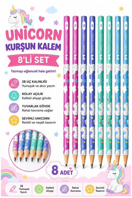 Unicorn Kurşun Kalem 8 Adet Faber Castell Yuvarlak Gövdeli Siyah Kurşun Kalem Yumuşak Yazım Kolay Tutuş Kaliteli