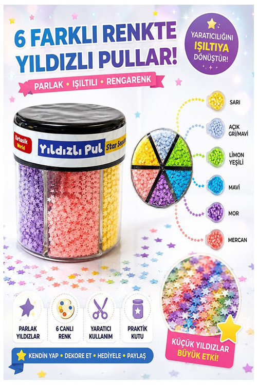 Yıldızlı Pul Standlı 6 Renk 60gr 1 Paket Bubu Parlak Pul Okul Sınıf Etkinlik Resim Dekarasyon Hobi Süsleme Sanat