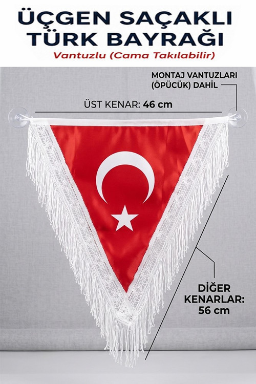 Üçgen Beyaz Saçaklı Türk Bayrağı 46x56cm 1 Adet Vantuzlu Üçgen Flama Çift Taraflı Püsküllü Bayrak Fırfırlı