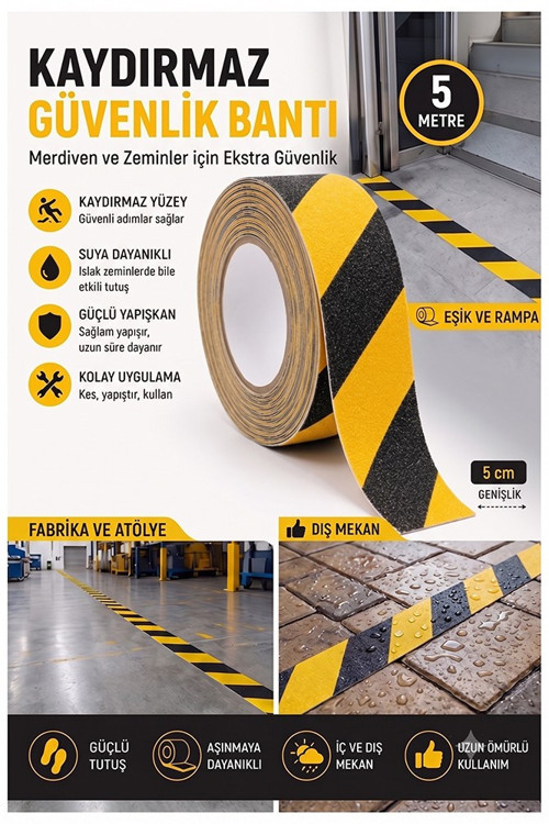 Merdiven Kaydırmaz Bant Sarı Siyah 50mm 1 Adet Mas Güvenlik Uyarı Bandı 5 Metre 5 cm Yapışkanlı Basamak Mermer Beton