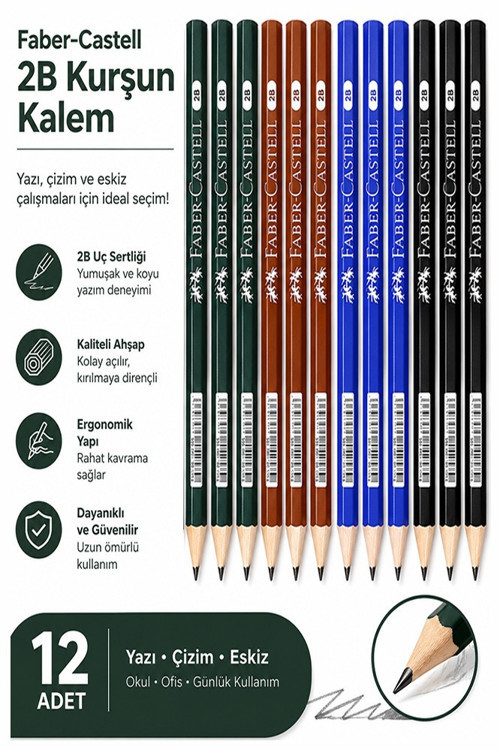 Şövalye Kurşun Kalem 12 Adet Faber Castell Yuvarlak Gövdeli Siyah Kurşun Kalem Yumuşak Yazım Kolay Tutuş Kaliteli