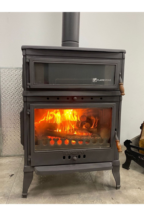 flamestove Retro Dik Kuzineli Tek Camlı Kuzineli Yan Kapaklı Döküm Soba
