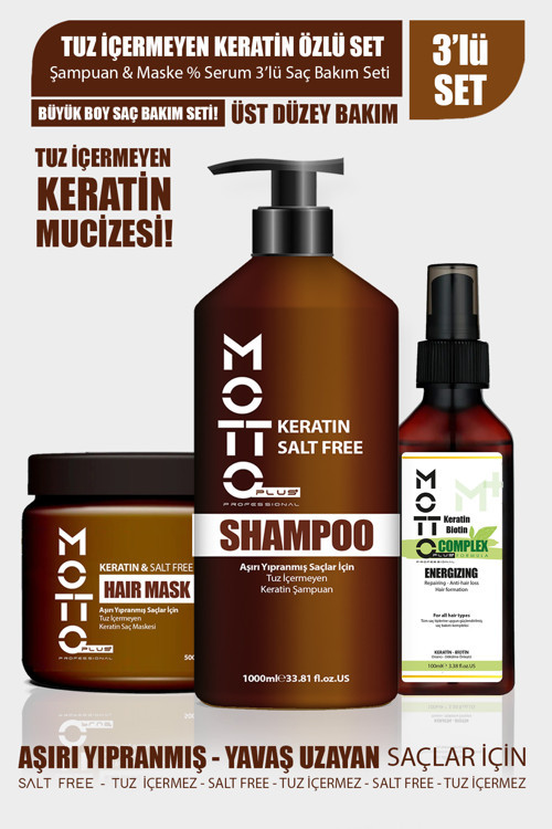 Yavaş Uzayan-Aşırı Yıpranmış Saçlar İçin Tuzsuz Keratinli 3'lü Saç Bakım Seti (Şampuan-Maske-Serum)
