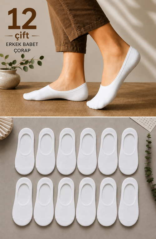 12 Çift Erkek Babet Çorap | Siyah & Beyaz Renk Seçenekleri | Pamuklu, Nefes Alan, Terletmeyen