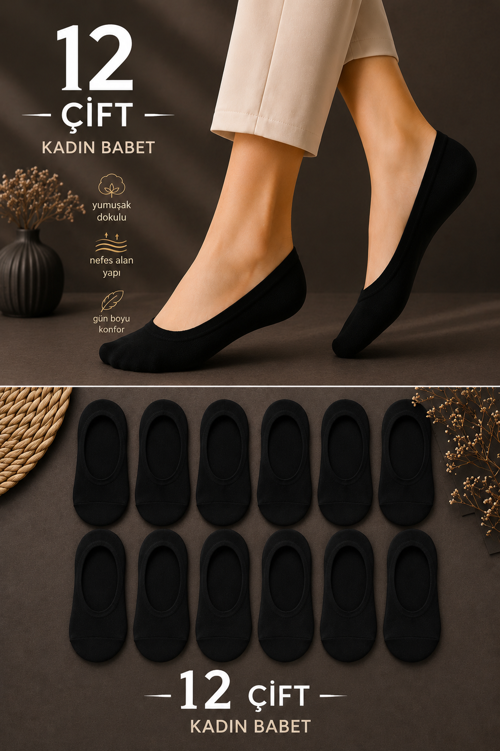 12 Çift Kadın Babet Çorap | Siyah & Beyaz Renk Seçenekleri | Pamuklu, Nefes Alan, Terletmeyen