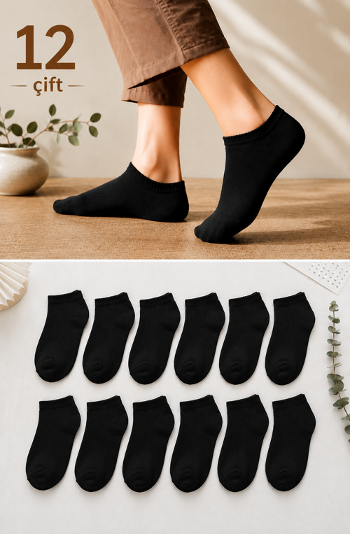 Unisex 12 Çift Patik Çorap | Siyah & Beyaz Renk Seçenekleri | Pamuklu, Nefes Alan, Terletmeyen