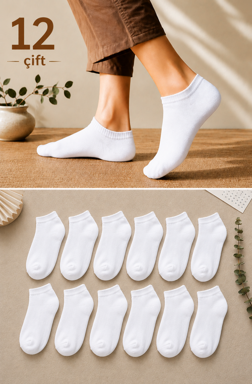 Unisex 12 Çift Patik Çorap | Siyah & Beyaz Renk Seçenekleri | Pamuklu, Nefes Alan, Terletmeyen