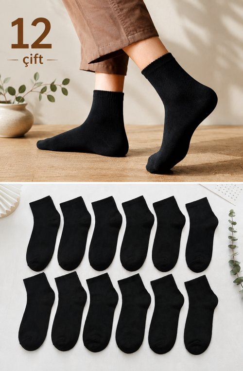 Unisex 12 Çift Yarım Konç Çorap | Siyah & Beyaz Renk Seçenekleri | Pamuklu, Nefes Alan, Terletmeyen