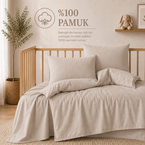 %100 Pamuklu Sertifikalı Bebek Nevresim Takımı 100x150 – Haki | 63 Tel Dokuma | Kutulu Gönderim
