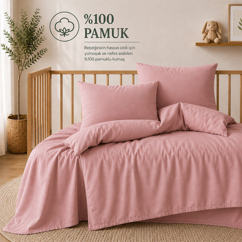 %100 Pamuklu Sertifikalı Bebek Nevresim Takımı 100x150 – Haki | 63 Tel Dokuma | Kutulu Gönderim