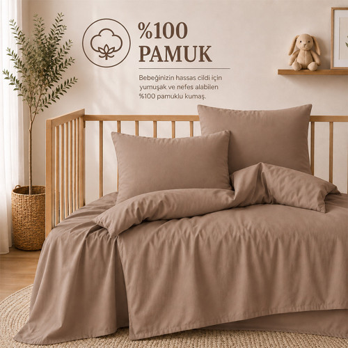 %100 Pamuklu Sertifikalı Bebek Nevresim Takımı 100x150 – Haki | 63 Tel Dokuma | Kutulu Gönderim