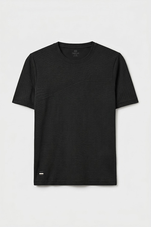 Siyah Rahat Form Yüzeyi Dokulu Ön Dikiş Detaylı Erkek T-Shirt - 88437