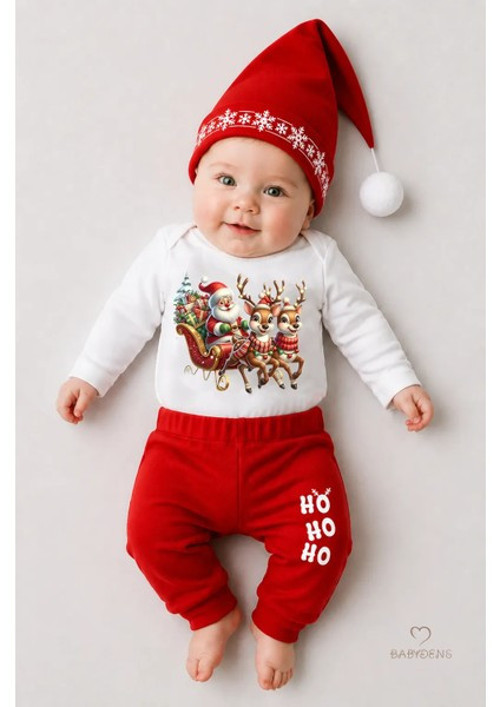 Bebek Yılbaşı Noel Kıyafeti 3’lü Takım,Noel Baskılı Uzun Kollu Body,Fitilli Pantolon,Ponponlu Şapka