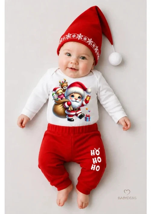 Bebek Yılbaşı Noel Kıyafeti 3’lü Set ,Santa Baskılı Uzun Kollu Body, Kırmızı Fitilli Pantolon,Şapka
