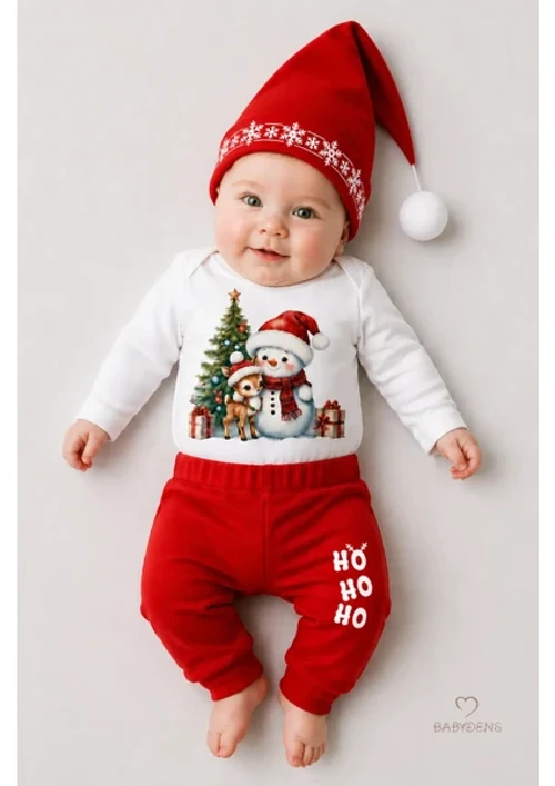 Bebek Yılbaşı Noel Kıyafeti 3’lü Takımı Snowman Baskılı Body,Kırmızı Fitilli Pantolon,Noel Şapkası