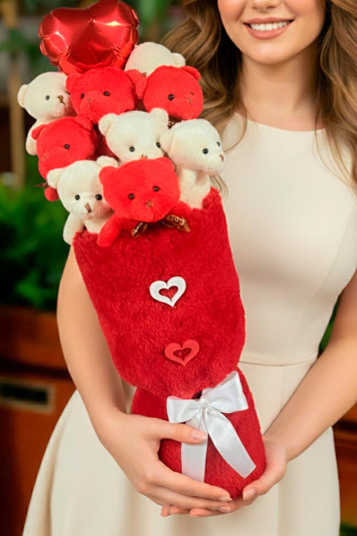 Kadınlar Gününe ÖZEL: Deluxe Kırmızı-Beyaz Peluş Ayıcık Kalp Balonlu Peluş Vazo Tasarımlı Ayıcık Buketi