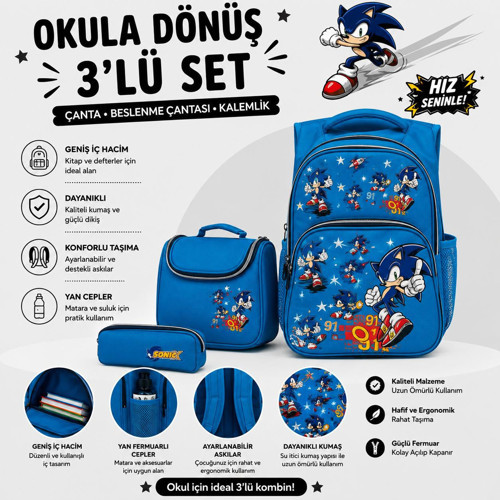SONIC DESENLİ Açık Mavi Üçlü Erkek Çocuk İlkokul Okul Çantası + Termal Beslenme Çantası + Kalemlik