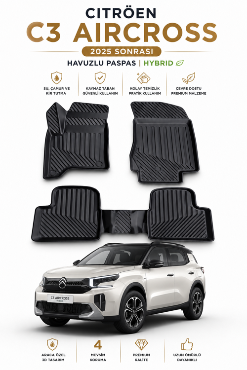 Citroen C3 Aircross 2025 Sonrası 1.2 Hybrid Uyumlu 3D Havuzlu TPE Kauçuk Oto Paspas Araca Özel Klipsli Kaymaz