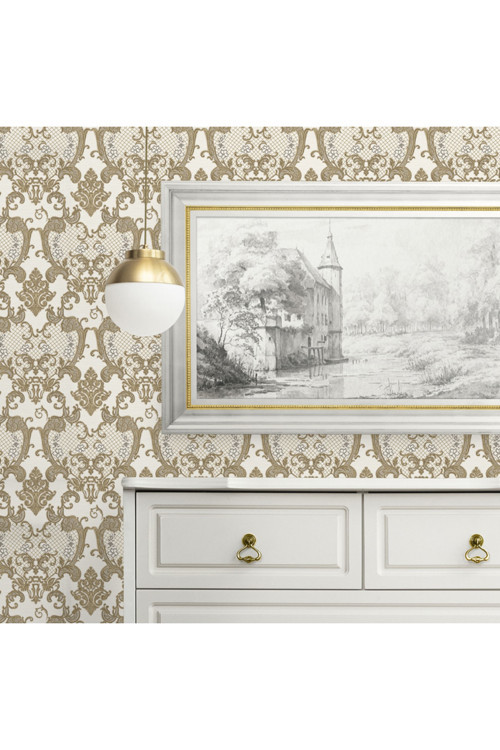 Damask Desen Duvar Kağıdı | ROCOCO 1411-5/15, Altın, Krem, Elyaf Taban (Non-Woven) - 16.5 m²