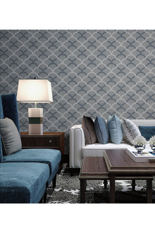 Basit Dalgalar Süsleme İle Duvar Kağıdı | SEVEN 7811-3, Koyu, Gri, Elyaf Taban (Non-Woven) - 16.5 m²