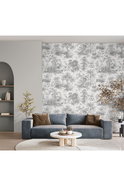 Tropikal Orman Desenli Duvar Kağıdı | HUE 24207-3, Beyaz, Siyah, Elyaf Taban (Non-Woven) - 16.5 m²