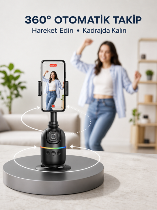Yapay Zeka Destekli Yüz Takip Özellikli 360 Derece Dönen Masaüstü Telefon Sabitleyici Yeni Nesi