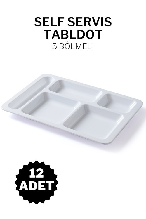 12 Adet Kırılmaz Self Servis Tabldot Otel Okul Yemekhane Için 5 Bölmeli Melamin Yemek Tabağı