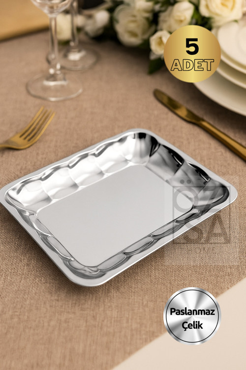 5 Adet Paslanmaz Çelik Dikdörtgen Kayık Tabak Meyve Salata Tabağı Sunum Kasesi
