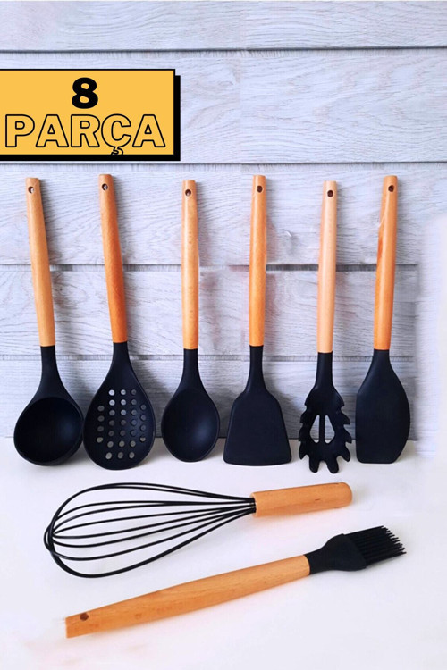8 Parça Silikon Kepçe Kevgir Kaşık Fırça Çırpıcı Bambu Saplı Mutfak Servis Seti Takımı