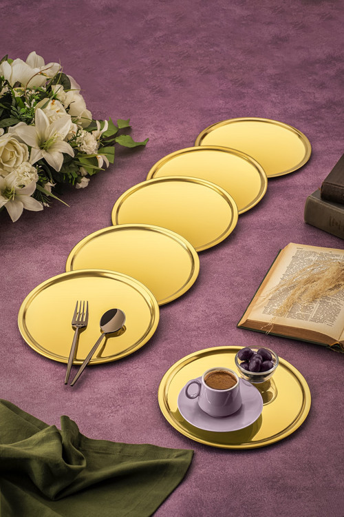 6 Adet Gold Lüx 21 Cm Yuvarlak Servis Sunum Tepsisi Altın Renk