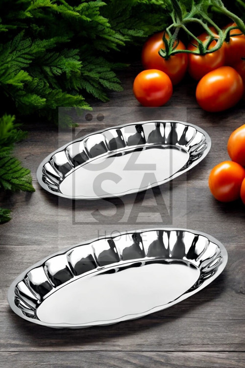 2'li Paslanmaz Çelik Meyve ve Salata Tabağı Servis Sunum Parlak Dilimli Kayık Tabak Seti No:4 & No:5