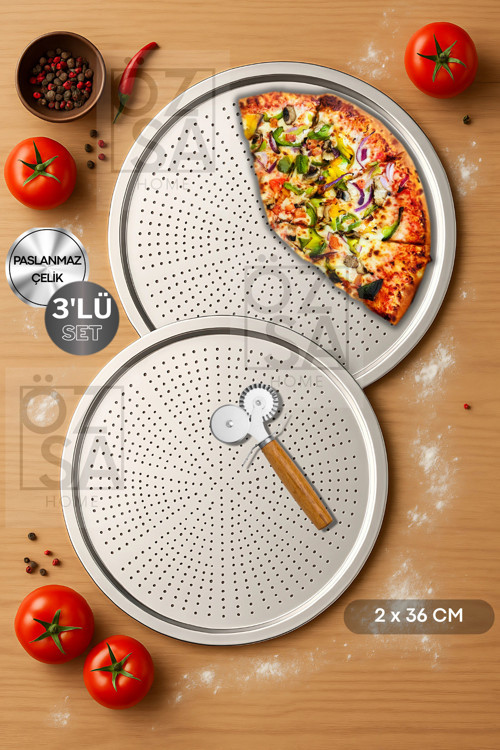 3 Parça Büyük Boy Delikli Pizza Tepsi Seti Lahmacun Tepsisi Pizza Kesici Seti 36cm