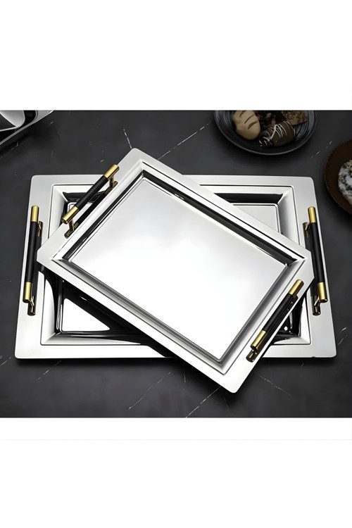 Mercan Silver Black 2'li İkramlık Sunumluk Servis Ve Çay Tepsisi
