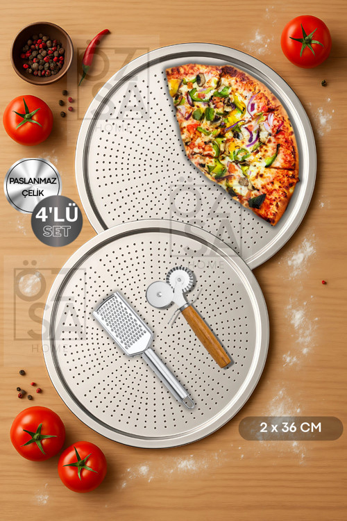 4 Parça Büyük Boy Delikli Pizza Tepsi Seti Lahmacun Tepsisi Peynir Rendesi Pizza Kesici Seti 36cm