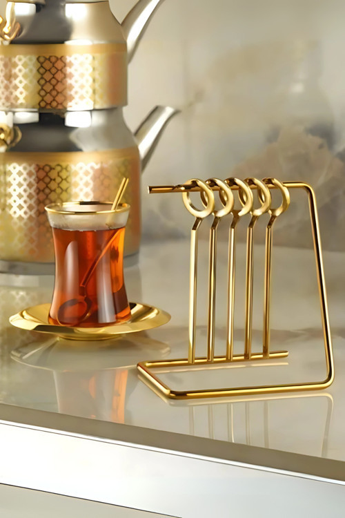 6'lı 18/10 Paslanmaz Çelik Askılı Gold Çay Kaşığı Sunum Kaşığı Seti