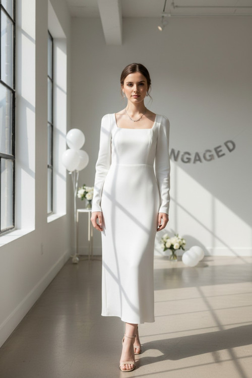 Kadın Kare Yaka Balık Abiye Elbise Uzun Kollu Astarlı Nikah Düğün Maxi Elbise